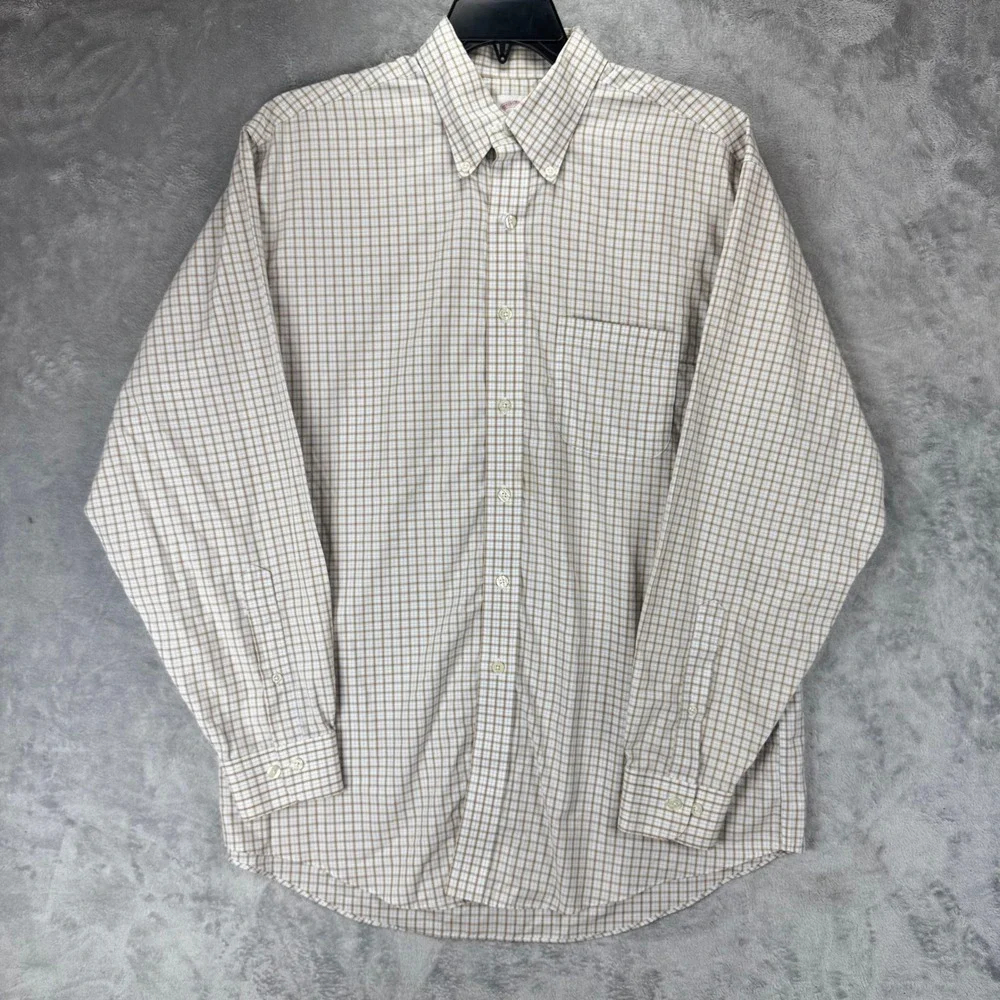 Brooks Brothers Mens Button Down Shirt L Tan Blue Check Cotton Long Sleeve
